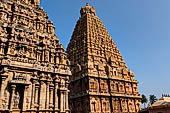 The great Chola temples of Tamil Nadu - The Brihadishwara Temple of Thanjavur. The tower with the auxiliary Subrahmanya shrine in the foreground. 